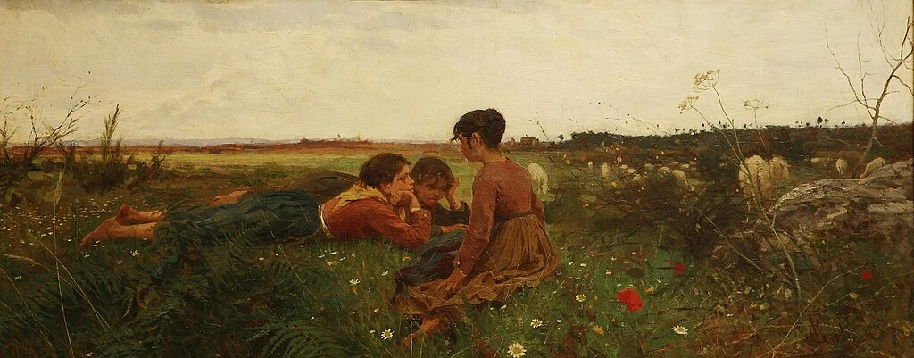 Primavera, tre fanciulle e pecore su un prato fiorito (1879) - Fondazione Cassa di Risparmio di Firenze